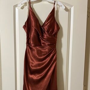 Spaghetti Strap Rust Satin Dress with V-neck and side ruching